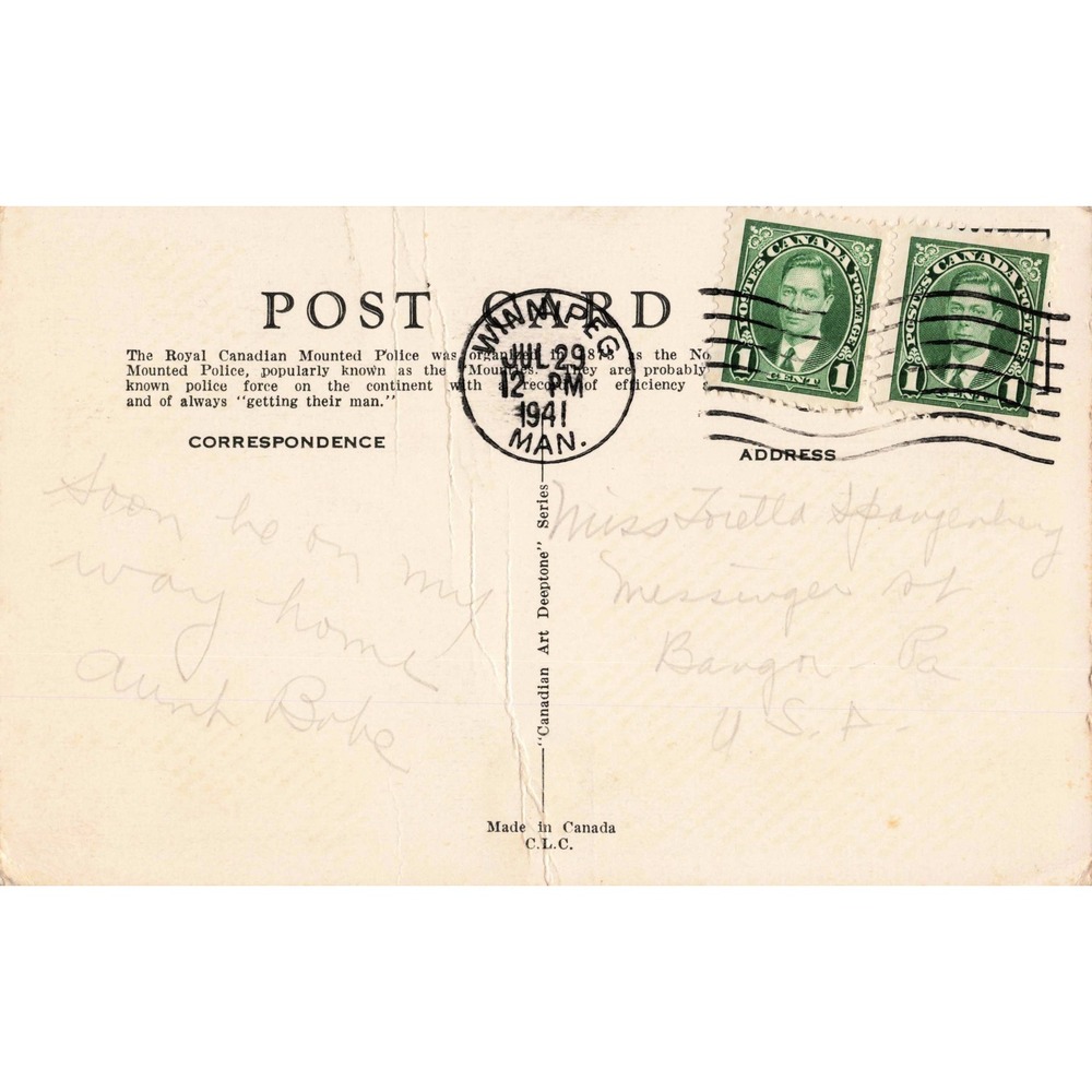Royal Canadian Mounted Police RCMP Mountie Banff Flags US UK Linen Postcard 1941 - Picture 2 of 2